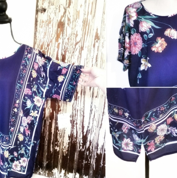 Liz Claiborne Secret Garden Floral Tunic Top Navy Size M - Picture 4 of 11